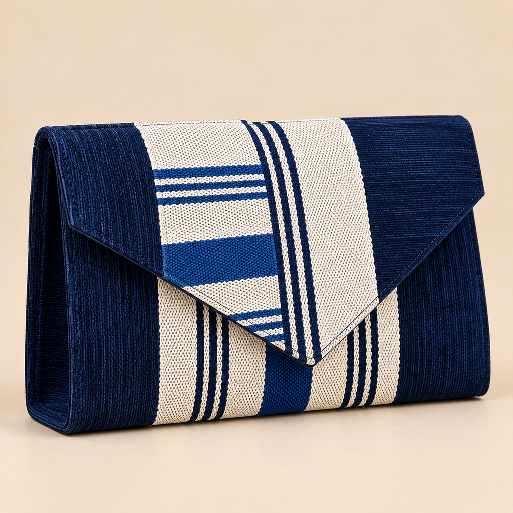 Ensemble sac, pochette et sandales bleu marine et écru – Pointure 39