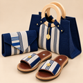 Ensemble sac, pochette et sandales bleu marine et écru – Pointure 39