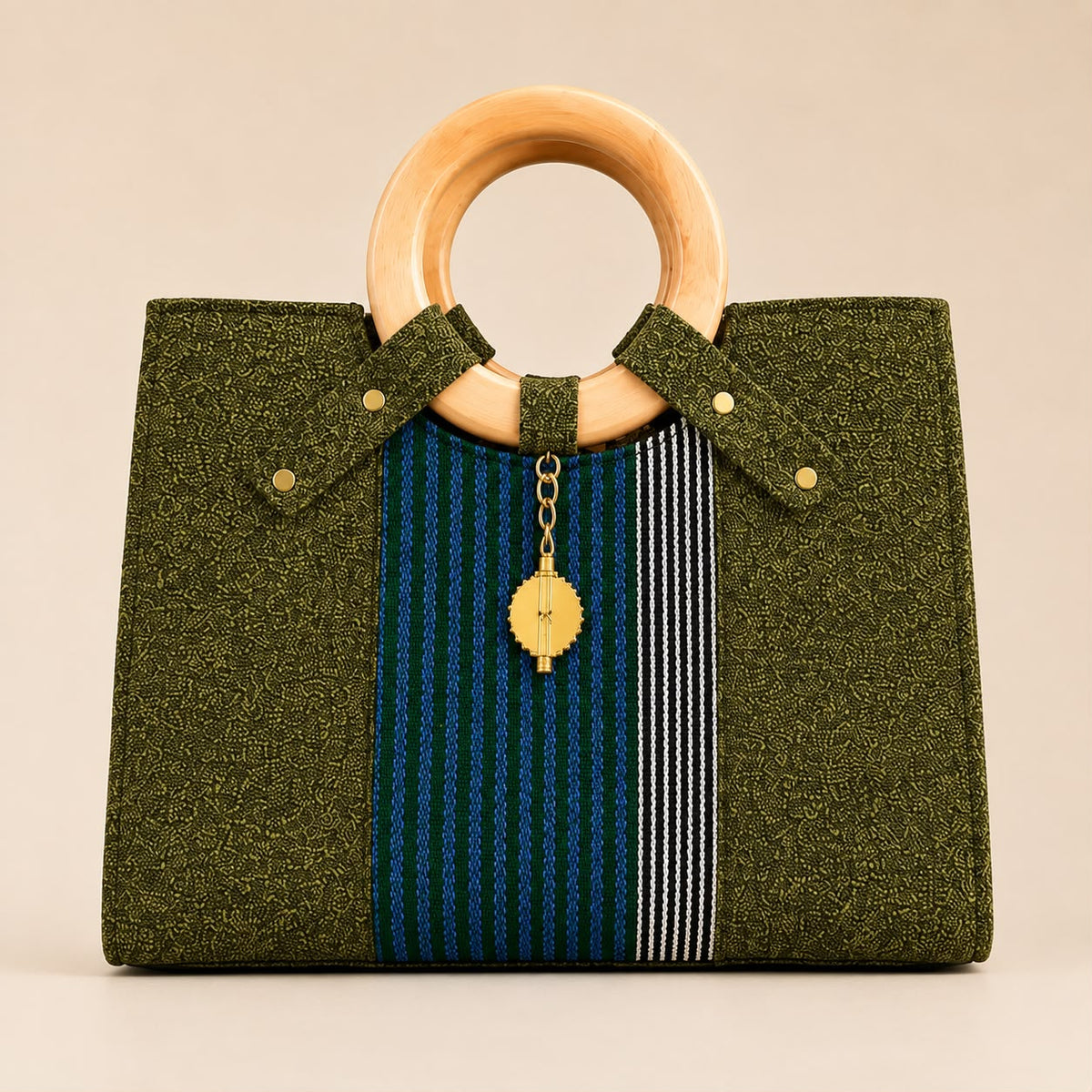 Sac à main vert à anses rondes et tissu tissé