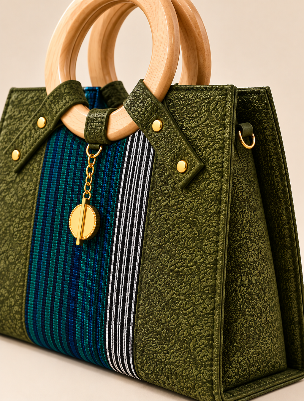 Sac à main vert à anses rondes et tissu tissé