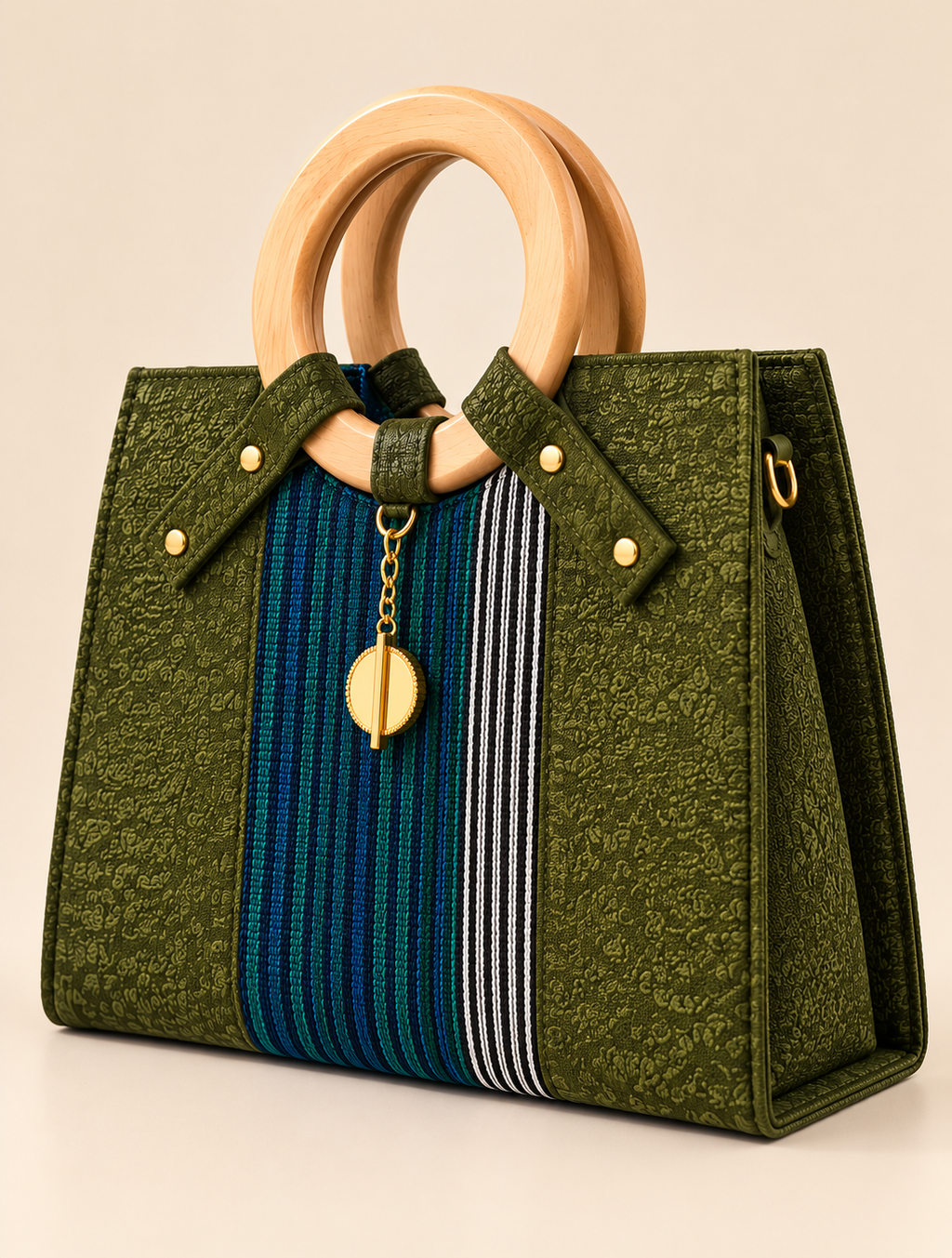 Sac à main vert à anses rondes et tissu tissé