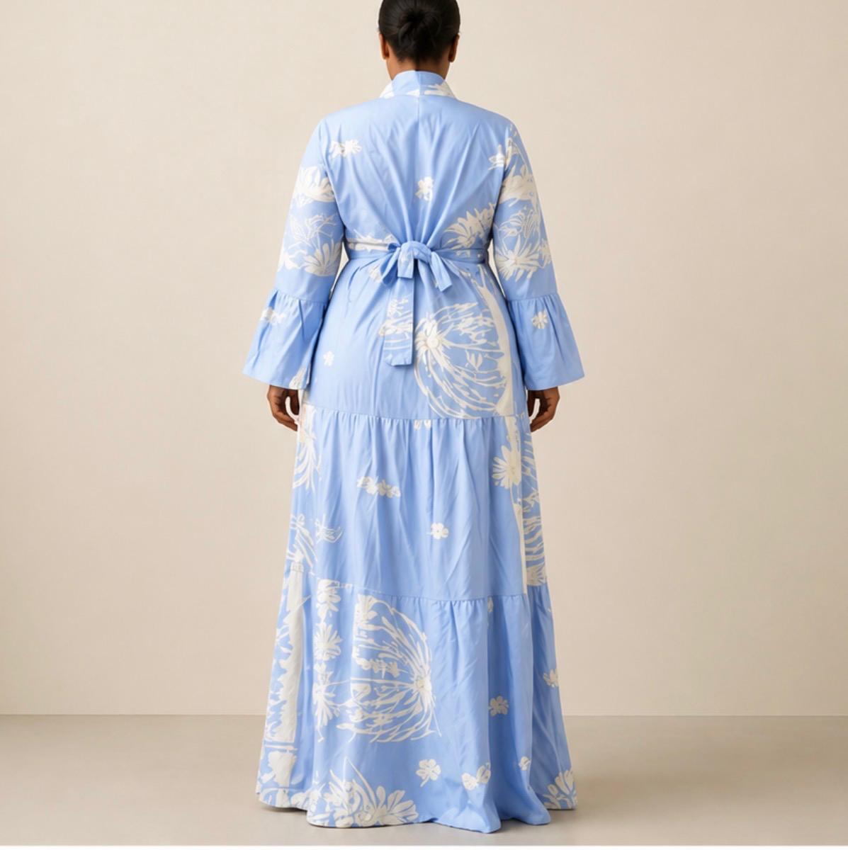 Robe longue bleu ciel à imprimé floral – Col châle & manches évasées - Aby Shop