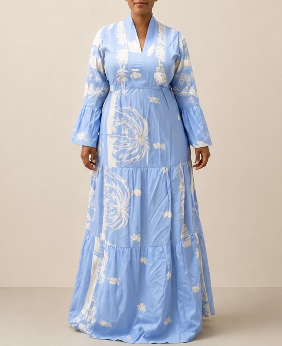 Robe longue bleu ciel à imprimé floral – Col châle & manches évasées - Aby Shop