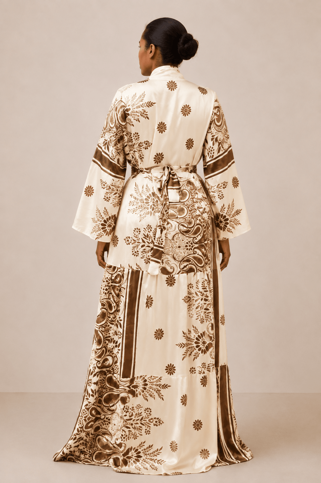 Robe longue élégante beige à motifs marron - Aby Shop