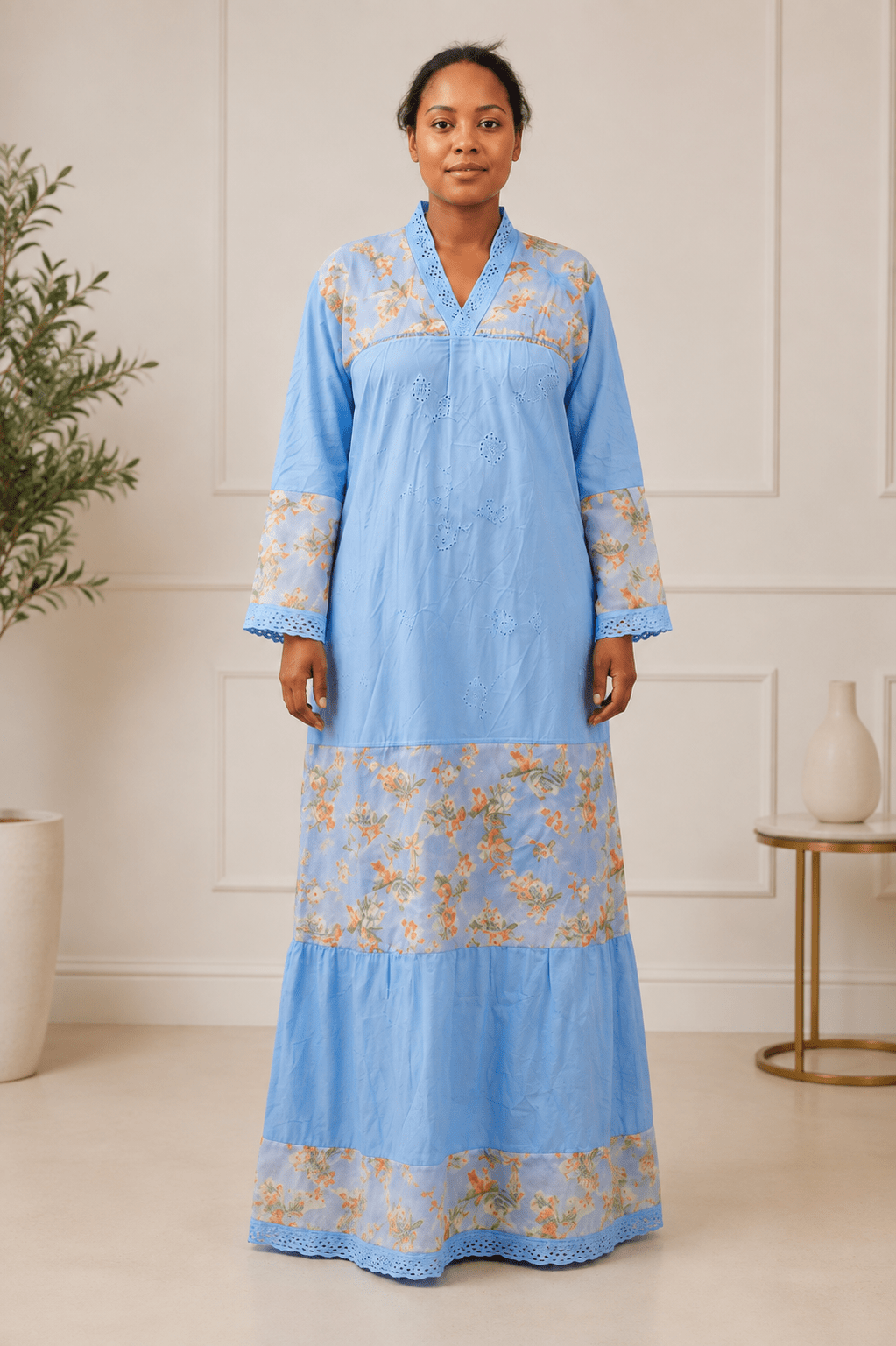 Robe longue élégante bleu ciel à motifs floraux - Aby Shop