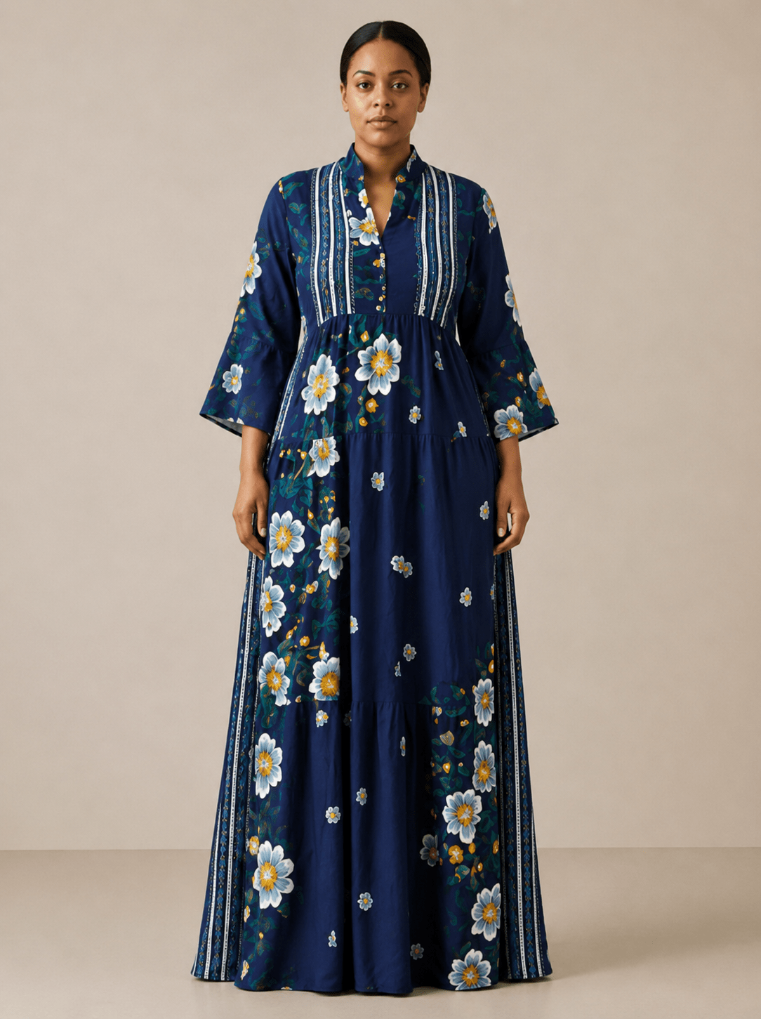 Robe longue fleurie bleu marine – Col montant & manches évasées - Aby Shop